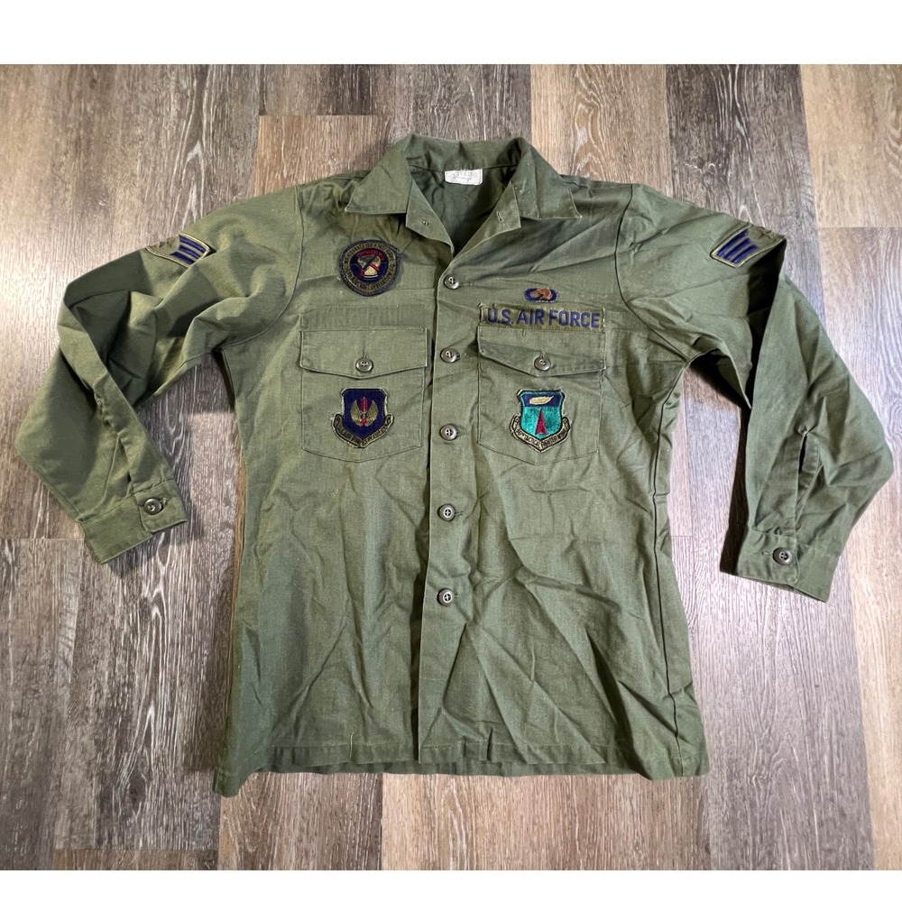 US Air Force Utility Shirt Mens 15.5x33 Green Vintage Patched OG-507 Military